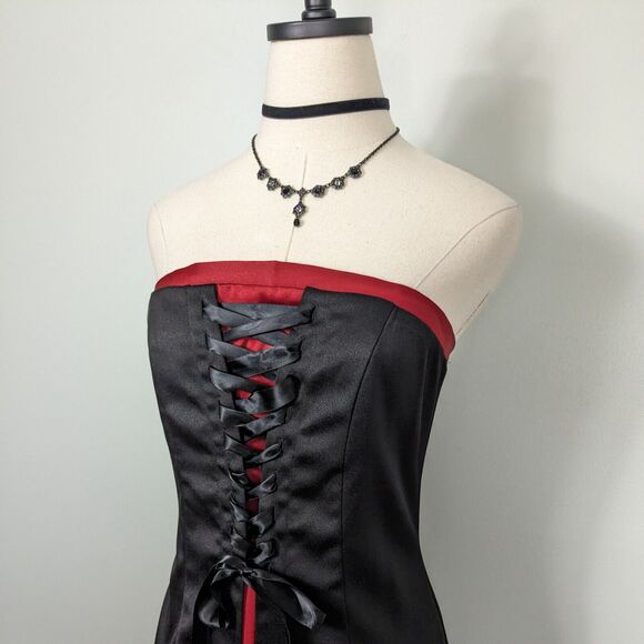 Vintage Prom Dress Maxi Gown Corset Goth 90 Y2K Strapless Vamp Black Red 10 - Picture 1 of 12
